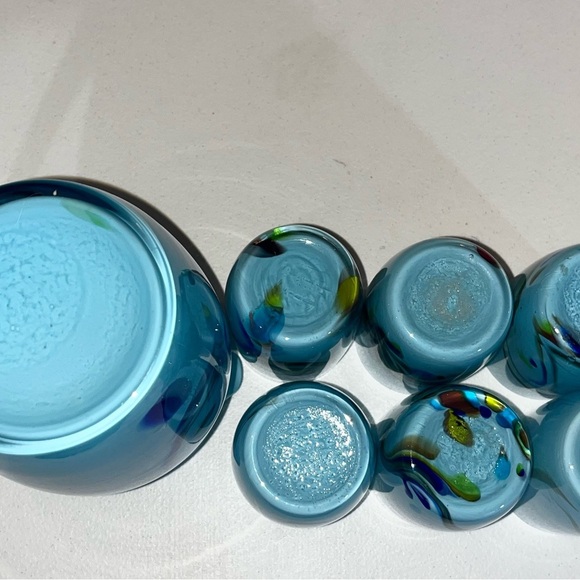 VTG Dalian Snowflake Swirl Colourful Vibrant Art Glass Pitcher & 6 Glasses EUC